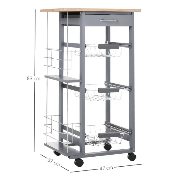 Kitchen Trolley with Pull-Out Drawers and 2 Bottle Holders, in Pine Wood and Metal, 47x37x83 cm - Image 3