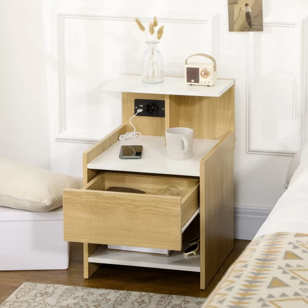 Modern Bedside Table with 2 Sockets, 2 USB Ports and Chipboard Drawer, 40x40x60cm, Wood Color - Image 2