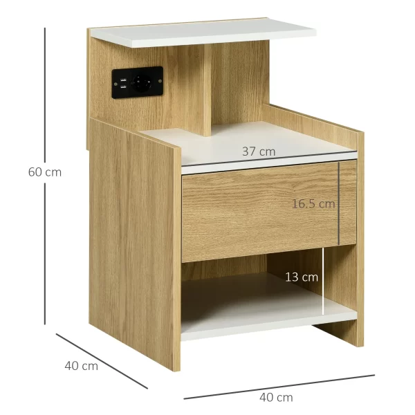 Modern Bedside Table with 2 Sockets, 2 USB Ports and Chipboard Drawer, 40x40x60cm, Wood Color - Image 3