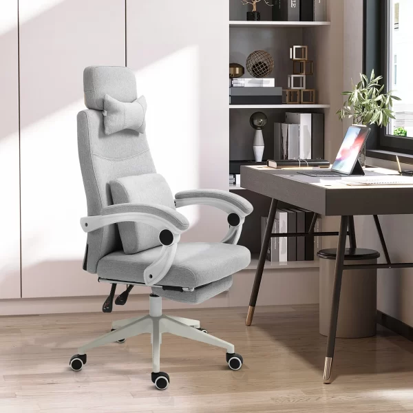 Ergonomic Office Chair, Desk Chair with Wheels, Lumbar Cushion, Removable Headrest and Footrest, Grey 62x68x117-127cm - Image 2