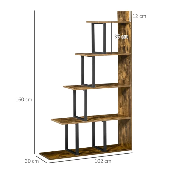 Industrial Style Anti-Tip Bookcase, Vintage Shelf with 5 Chipboard Shelves, 102x30x160cm - Image 3