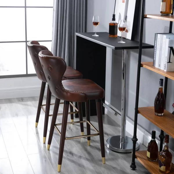 Set of 2 Industrial Style High Bar Stools with Backrest and Footrest, Faux Leather Seat and Wooden Legs, Vintage Stools for Kitchen and Restaurant, 52x53x101cm - Image 2
