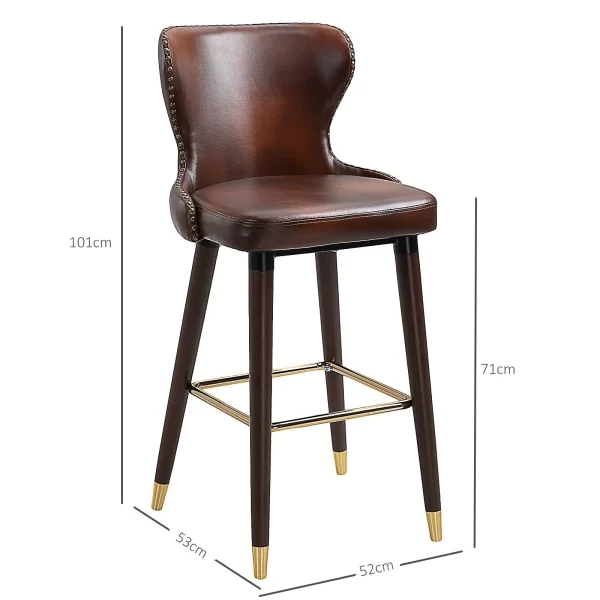 Set of 2 Industrial Style High Bar Stools with Backrest and Footrest, Faux Leather Seat and Wooden Legs, Vintage Stools for Kitchen and Restaurant, 52x53x101cm - Image 3