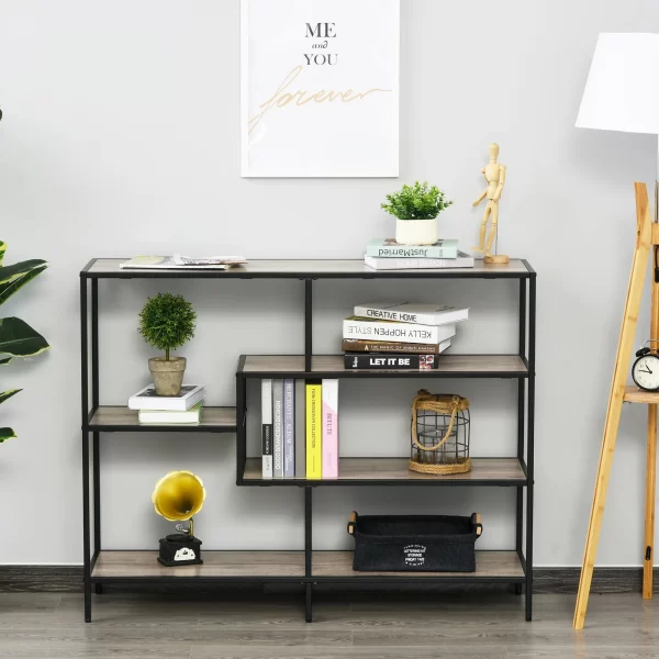 Shelf asymmetrical bookcase in industrial style, in wood and black metal, 120x32x95cm - Image 2