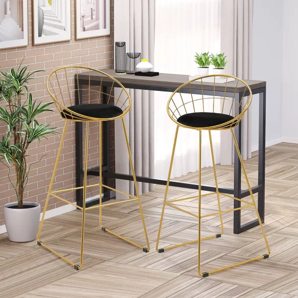 GOLDENBAR | Set of 2 High Bar Stools with Backrest and Footrest for Living Room or Kitchen Modern Style, Velvet Cushion and Metal Frame, 52.5x47x97cm, Black and Gold - Image 2