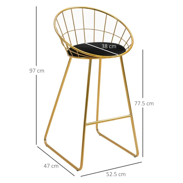 GOLDENBAR | Set of 2 High Bar Stools with Backrest and Footrest for Living Room or Kitchen Modern Style, Velvet Cushion and Metal Frame, 52.5x47x97cm, Black and Gold - Image 3