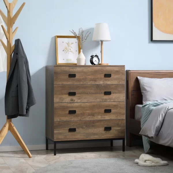 4 Drawer Chest of Drawers in Chipboard and Metal for Living Room and Bedroom, 80x39x95 cm, Brown - Image 2