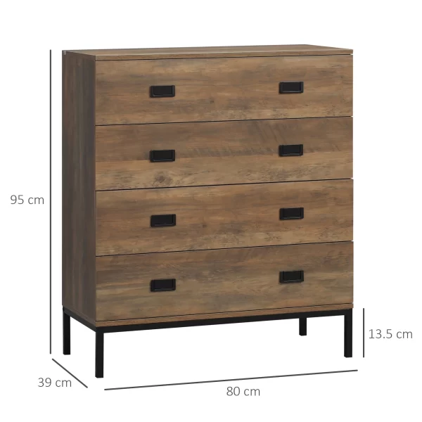 4 Drawer Chest of Drawers in Chipboard and Metal for Living Room and Bedroom, 80x39x95 cm, Brown - Image 3