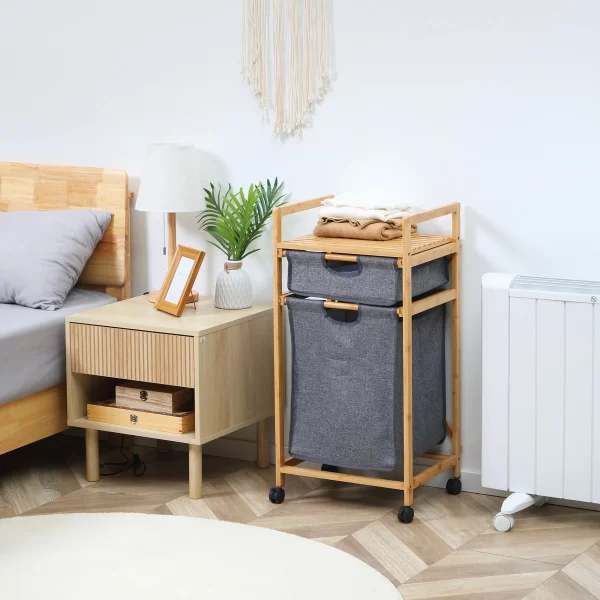 Clothes Basket with 2 Compartments and Wheels, Fabric Bags and Bamboo Structure, 42x35x84.5cm - Image 2