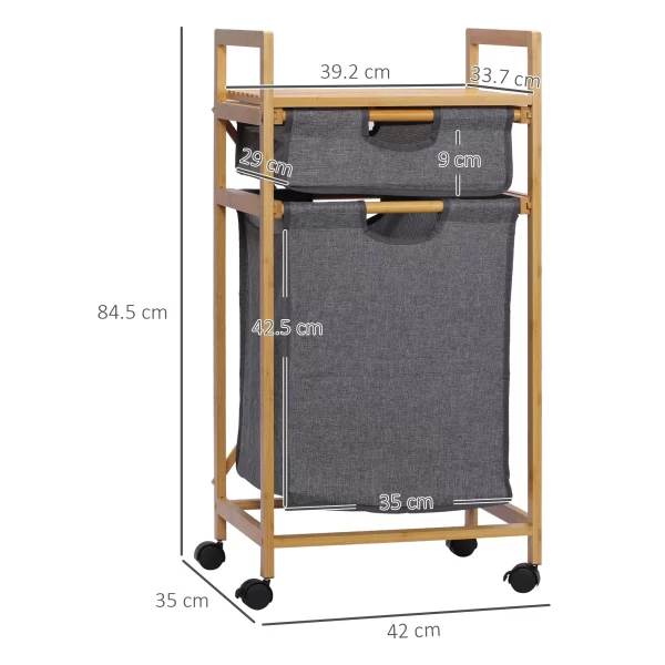 Clothes Basket with 2 Compartments and Wheels, Fabric Bags and Bamboo Structure, 42x35x84.5cm - Image 3