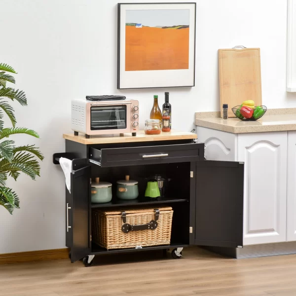 Kitchen Trolley with drawer, door holders and locker, 4 wheels and wooden work surface, 109x40x89cm - Black - Image 2