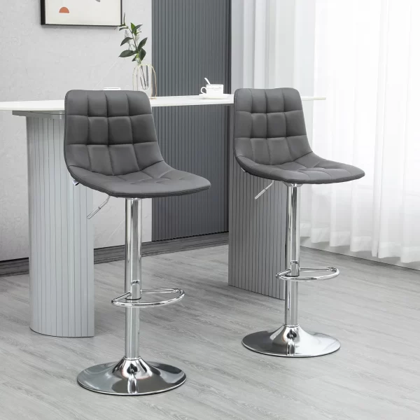 Set of 2 Swivel Bar Stools in Faux Leather with Backrest and Footrest, 42x45x89-110cm, Grey - Image 2