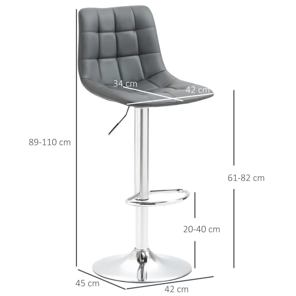Set of 2 Swivel Bar Stools in Faux Leather with Backrest and Footrest, 42x45x89-110cm, Grey - Image 3