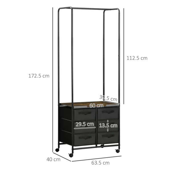 Open Wardrobe with 6 fabric drawers and open shelf, 63.5x40x172.5 cm, black and brown - Image 3