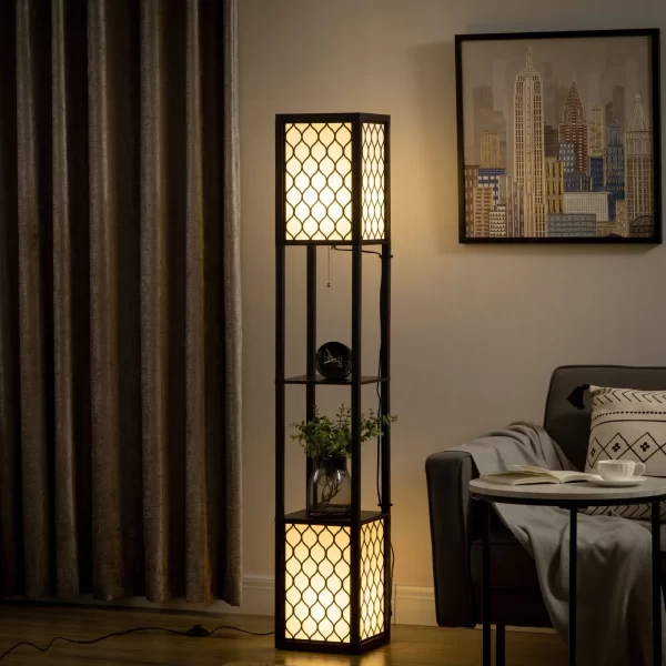 MDF and Plastic Column Floor Lamp with 2 Shelves, for Living Room, Study and Bedroom, 26x26x156 cm - Image 2