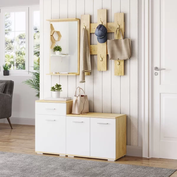 Set for 3 in 1 entrance with wall hangers, mirror and boot with wooden bench - Image 2