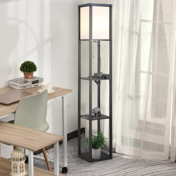 Modern Floor Lamp, Space-Saving Indoor Lighting Bulb with Living Room Shelves Cotton, MDF 26 x 26 x 160 cm Black and White - Image 2