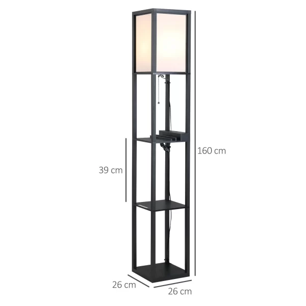 Modern Floor Lamp, Space-Saving Indoor Lighting Bulb with Living Room Shelves Cotton, MDF 26 x 26 x 160 cm Black and White - Image 3
