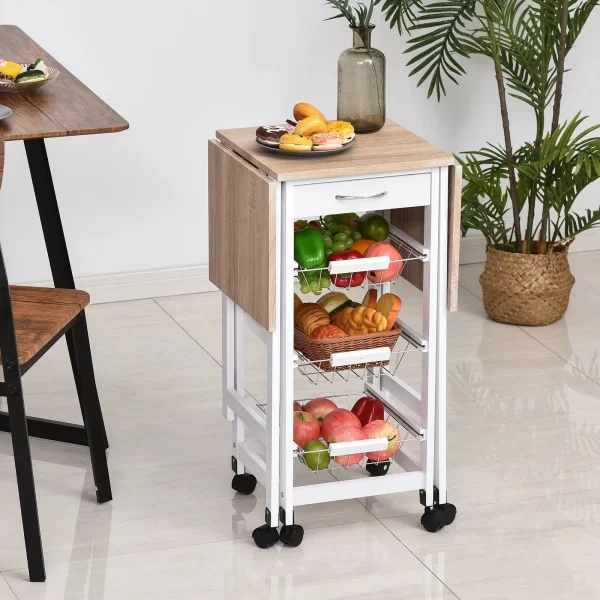 Kitchen Trolley with 3 Baskets, Drawer and Flaps, 6 Swivel Wheels, in MDF and Metal, 37x37x77.5cm, White and Wood - Image 2
