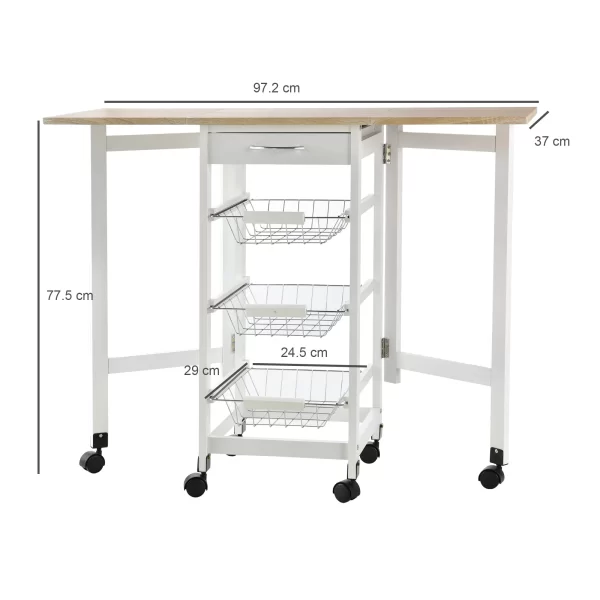 Kitchen Trolley with 3 Baskets, Drawer and Flaps, 6 Swivel Wheels, in MDF and Metal, 37x37x77.5cm, White and Wood - Image 3