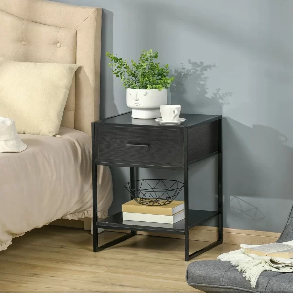 Modern bedside table with drawer and open shelf, in chipboard and steel, 45x40x60cm, black - Image 2