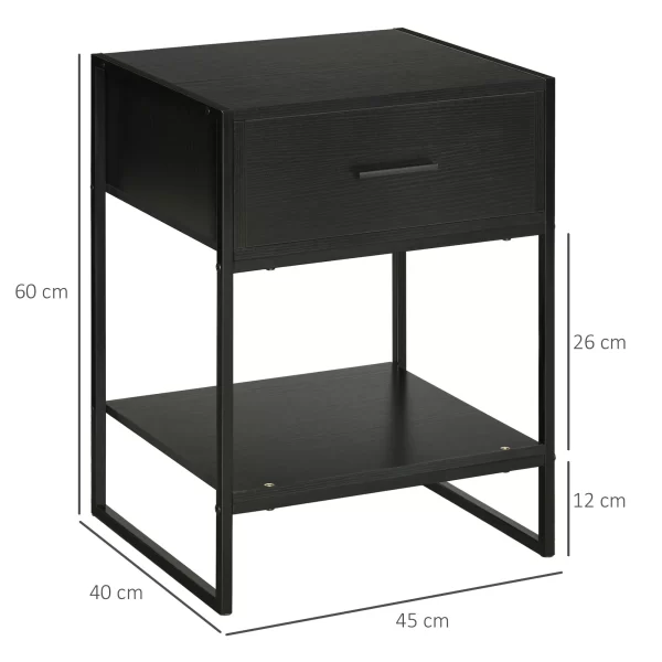Modern bedside table with drawer and open shelf, in chipboard and steel, 45x40x60cm, black - Image 3
