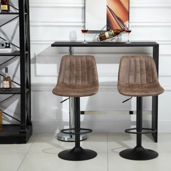 Set of 2 Bar Stools with Backrest, Footrest and Adjustable Height Industrial Style, Brown - Image 2
