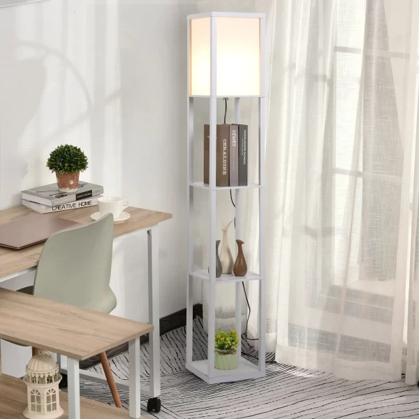 Loor Lamp with 3 Integrated Shelves, E27 Socket, 40W Power, Modern MDF Furniture, 26x26x160cm, White - Image 2