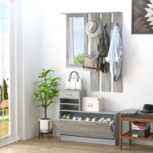 TWENTY | Modern Hallway Furniture Set with Shoe Rack and Mirror, Hallway Coat Rack with 6 Hooks, 2 Adjustable Shelves and Wooden Drawers for Hallway, 90x24x177 cm, Cement Grey - Image 2