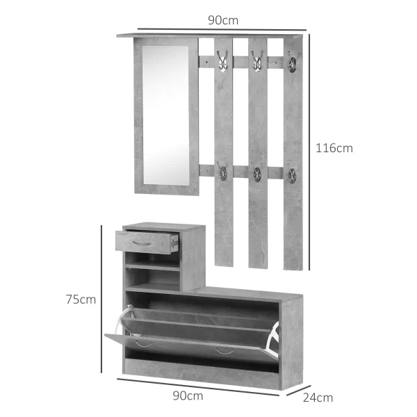 TWENTY | Modern Hallway Furniture Set with Shoe Rack and Mirror, Hallway Coat Rack with 6 Hooks, 2 Adjustable Shelves and Wooden Drawers for Hallway, 90x24x177 cm, Cement Grey - Image 3