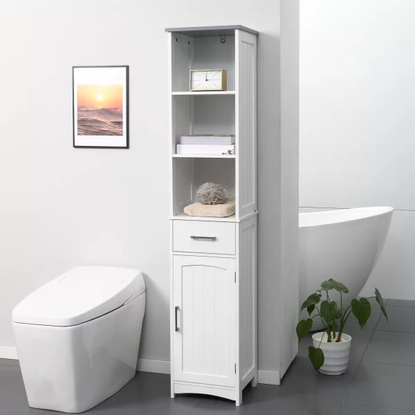 Kleankin bathroom cabinet with 3 -level shelf, 1 drawer and 1 cabinet, 34x30x163cm - Image 2