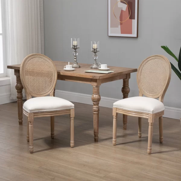 Set of 2 Vintage Style Living Room Chairs with Perforated Backrest, in Wood and Fabric, 49x56x96cm, Cream White - Image 2