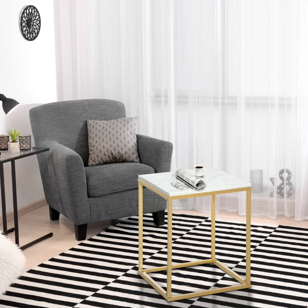 Coffee Table with Marble Effect Surface 40x40x50cm, Gold base | Outsunny - Image 2