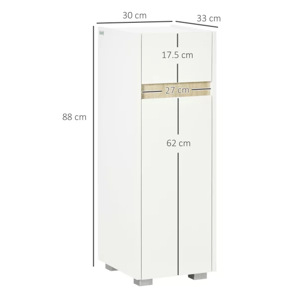 Kleankin bathroom cabinet with drawer and locker with adjustable wooden shelf 30x33x88cm, white - Image 3