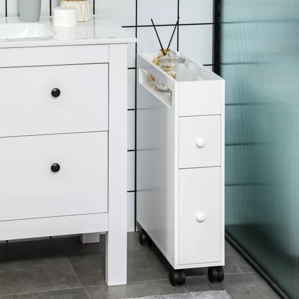 Kleankin Bathroom saving cabinet with 4 wheels, 2 drawers and open shelf, 16x49.5x66cm, white - Image 2