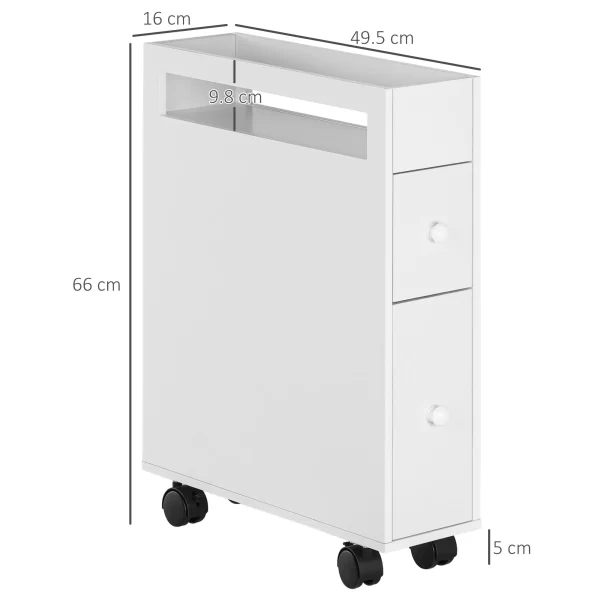 Kleankin Bathroom saving cabinet with 4 wheels, 2 drawers and open shelf, 16x49.5x66cm, white - Image 3