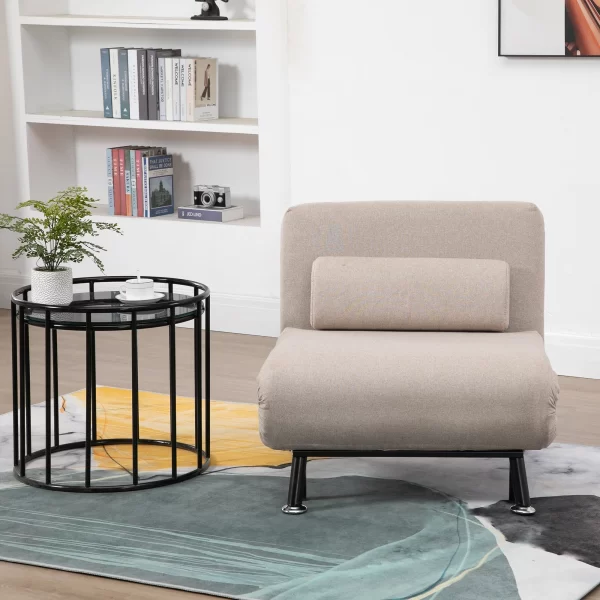 Single Sofa Bed, Armchair with Removable Mattress and Padded Cushion - 90-180° Adjustable Backrest and Metal Frame - 75x70x75 cm, Beige - Image 2