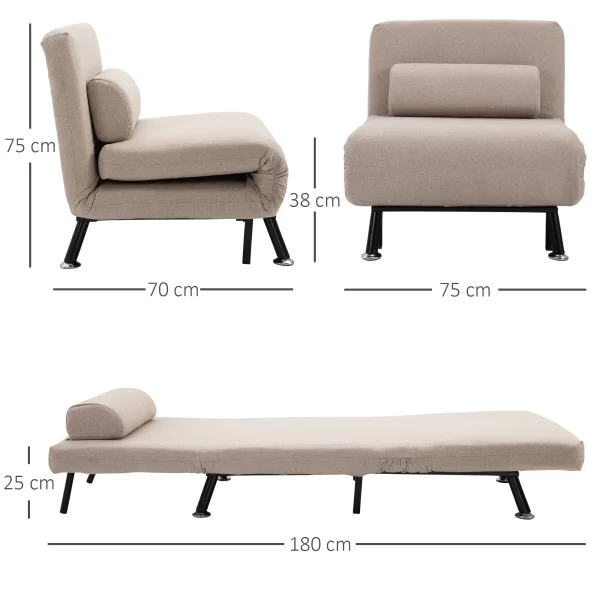 Single Sofa Bed, Armchair with Removable Mattress and Padded Cushion - 90-180° Adjustable Backrest and Metal Frame - 75x70x75 cm, Beige - Image 3