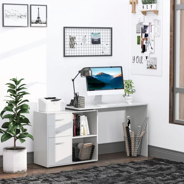 Corner PC Desk with 2 Drawers and Open Shelves, L-Shaped Corner Desk in Wood and Metal, 117x83. 5x76 cm, White - Image 2
