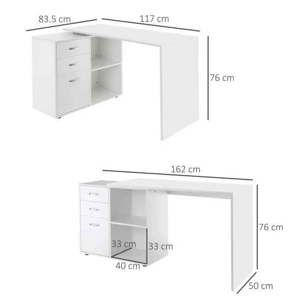 Corner PC Desk with 2 Drawers and Open Shelves, L-Shaped Corner Desk in Wood and Metal, 117x83. 5x76 cm, White - Image 3