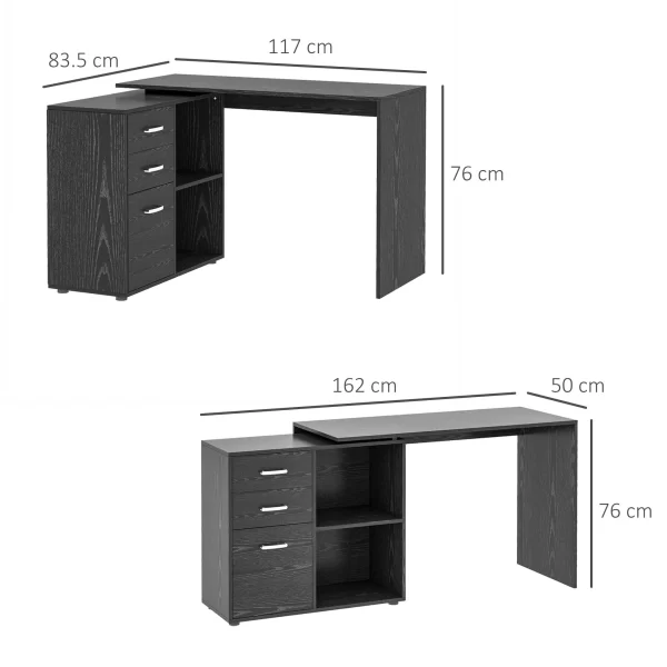Corner PC Desk with 2 Drawers and Open Shelves, L-Shaped Corner Desk in Wood and Metal, 117x83. 5x76 cm, Black - Image 3