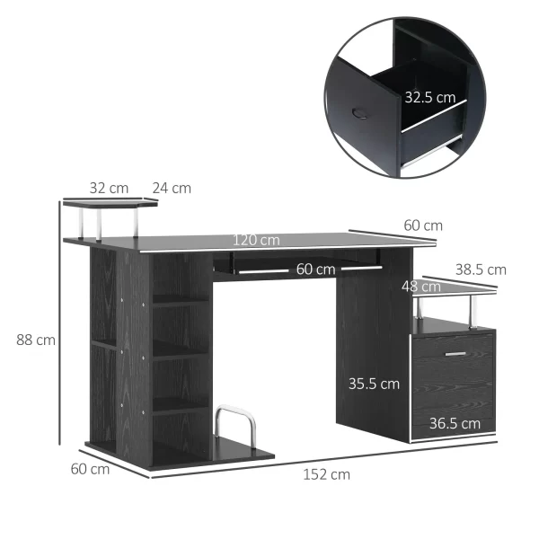 Desk for modern computer with drawers, shelves and removable keyboard, office desk for black wooden wood 152x60x88cm - Image 3