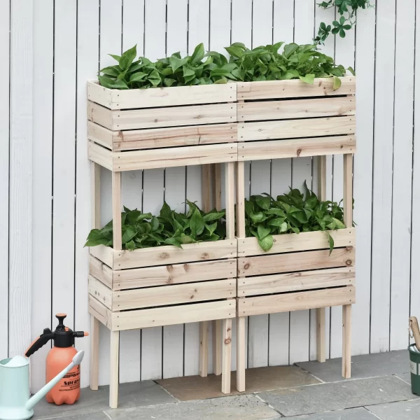 Outsunny bed for raised vegetable garden with 4 brush jars of 50x30x60cm, natural wooden color flock - Image 2
