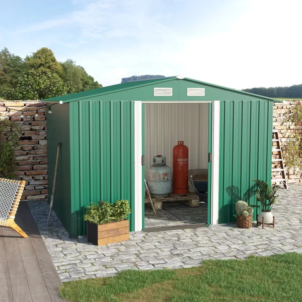 Steel Sheet Garden Tool Shed, Steel Garden Shed with Structure Base and Sliding Doors, 258x206x178cm, Green - Image 2