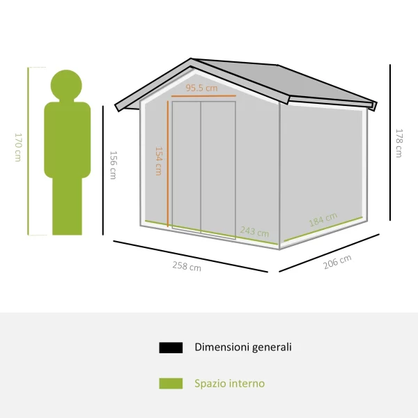 Steel Sheet Garden Tool Shed, Steel Garden Shed with Structure Base and Sliding Doors, 258x206x178cm, Green - Image 3