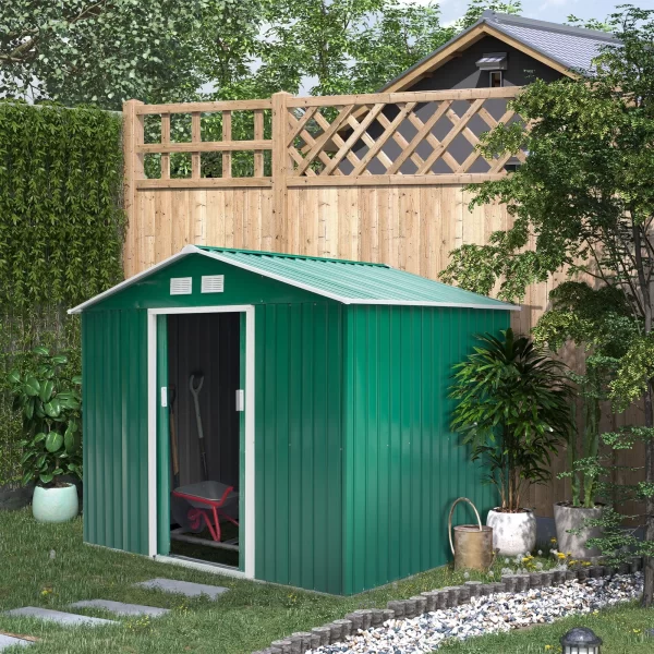 Garden Shed with Base and Double Sliding Doors, Steel Garden Shed, 277x195x192 cm, Dark Green - Image 2
