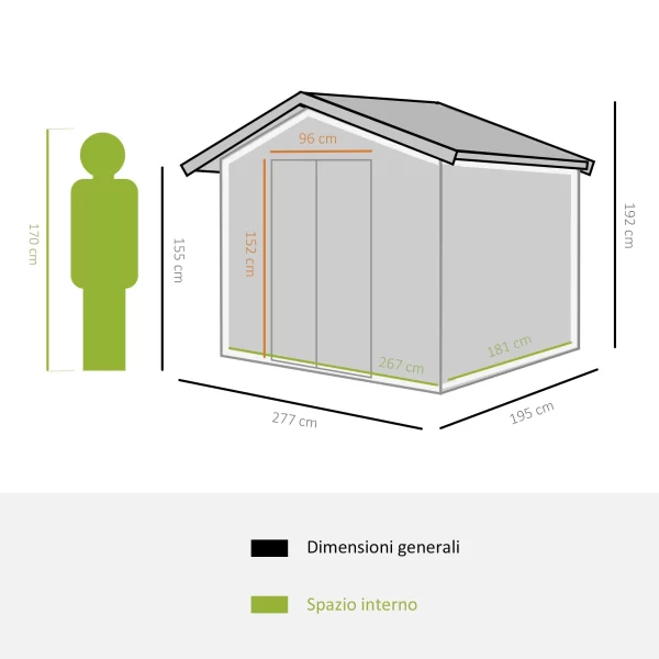 Garden Shed with Base and Double Sliding Doors, Steel Garden Shed, 277x195x192 cm, Dark Green - Image 3