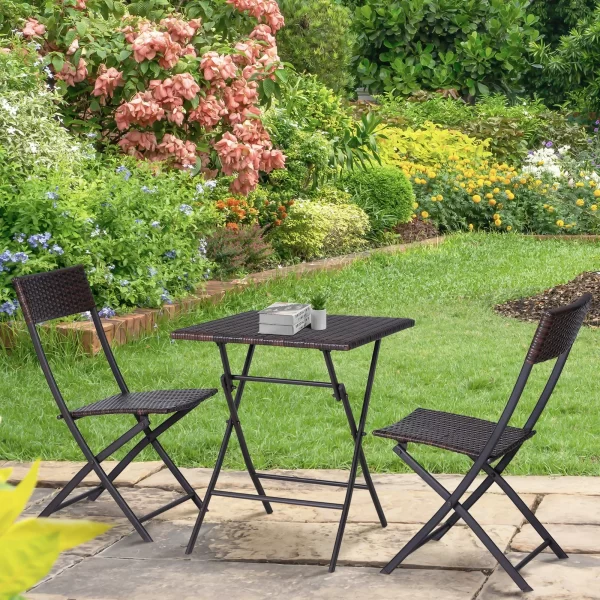 Outsunny garden furniture in rattan set 1 table and 2 garden chairs folding 3pz brown - Image 2