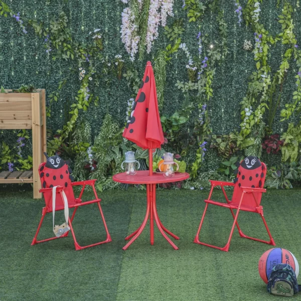 Outsunny Garden Table Set with 2 folding chairs and umbrella for children's ladybugs - Image 2