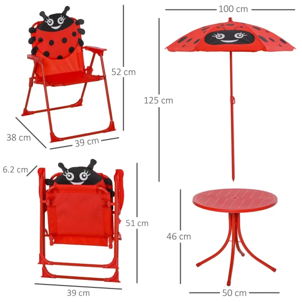 Outsunny Garden Table Set with 2 folding chairs and umbrella for children's ladybugs - Image 3